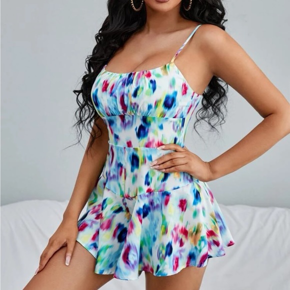 SHEIN Tie Dye Rusched Bust Romper - Picture 2 of 4